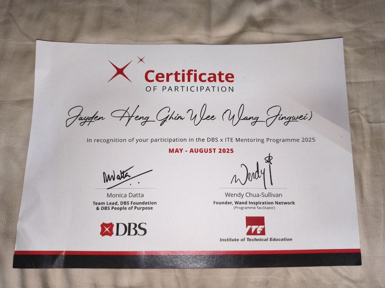 DBS Mentorship Programme certificate